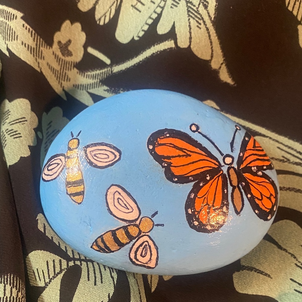Hand-Painted Blue Stone with Butterfly and Bee Design